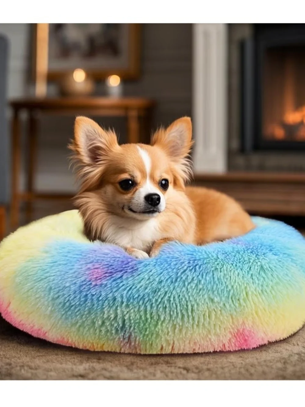 Rainbow Dog & Cat Bed 20in Calming Donut Bed for Puppy and Kitten,